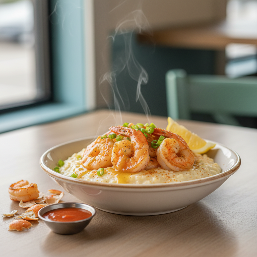 Steaming bowl of shrimp and grits topped with seasoned Gulf shrimp, green onions, and a lemon wedge, with hot sauce on the side in a casual coastal restaurant setting.