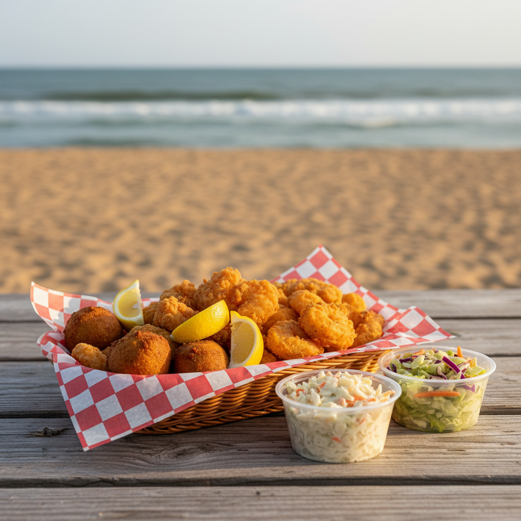 Fried Gulf Coast seafood basket with lemon wedges and hushpuppies on a picnic table by the beach, with cups of creamy coleslaw and vinegar slaw on the side