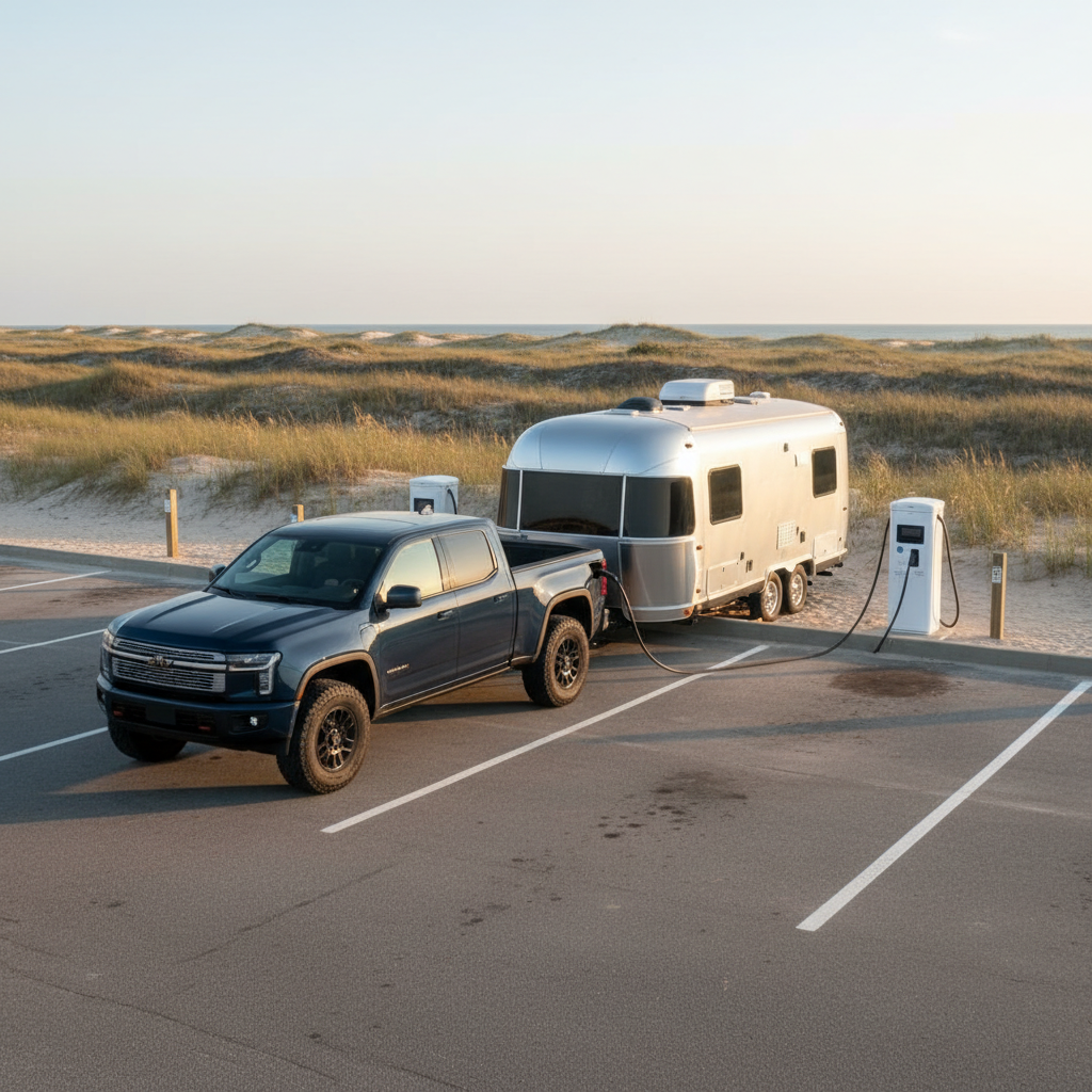 Electric pickup truck towing a silver travel trailer charging at an EV station beside coastal sand dunes near Gulf Shores, Alabama at sunset