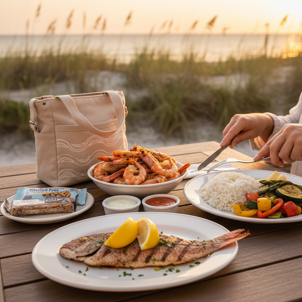 Gluten-free friendly seafood dinner by the Gulf Shores beach with grilled fish, steamed shrimp, rice, vegetables, sauces on the side, and packaged gluten-free snacks on a patio table at sunset.