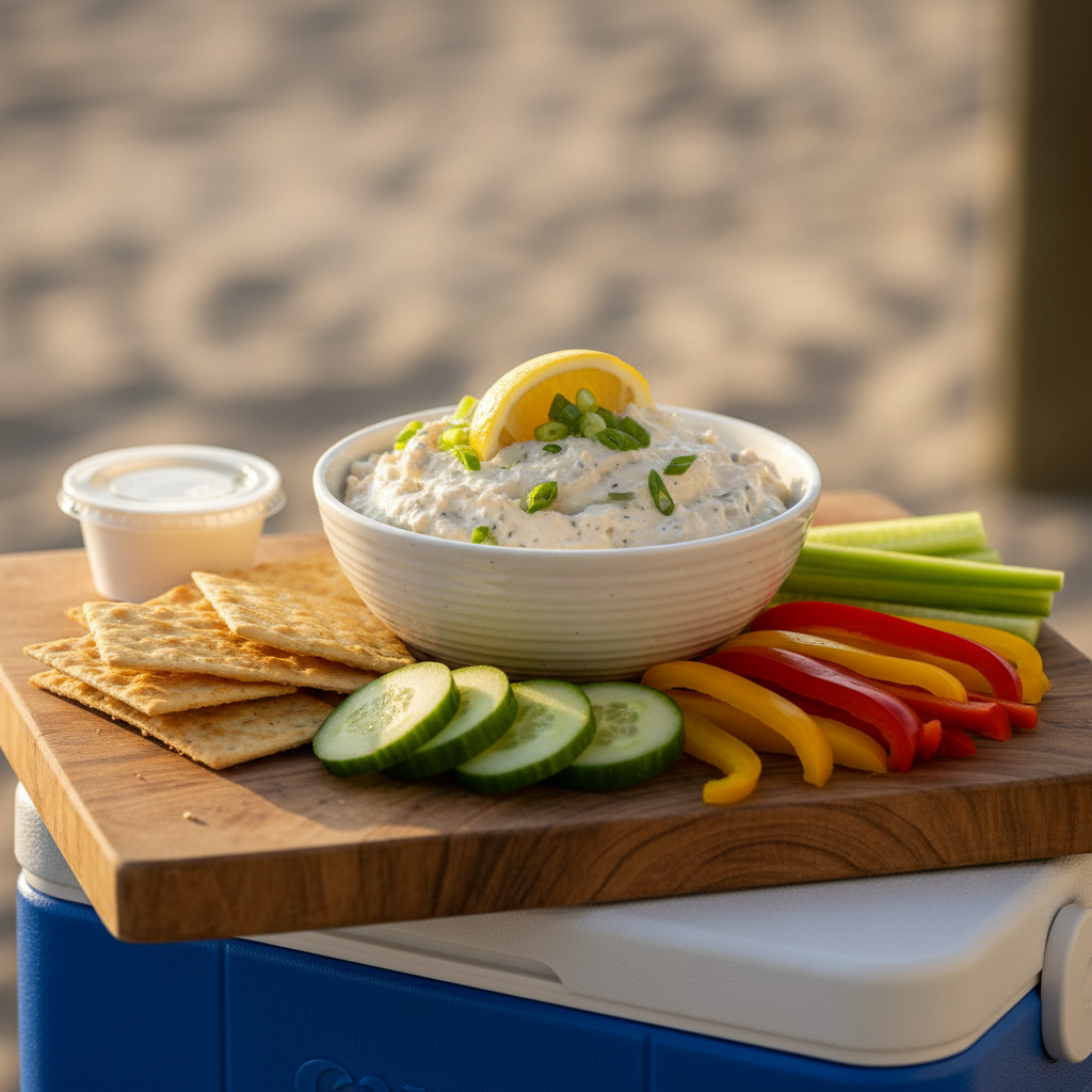 Bowl of creamy smoked fish dip topped with scallions and a lemon slice, served with crackers, cucumber rounds, and bell pepper strips on a wooden board beside a small to-go container on a cooler in a beachy setting.