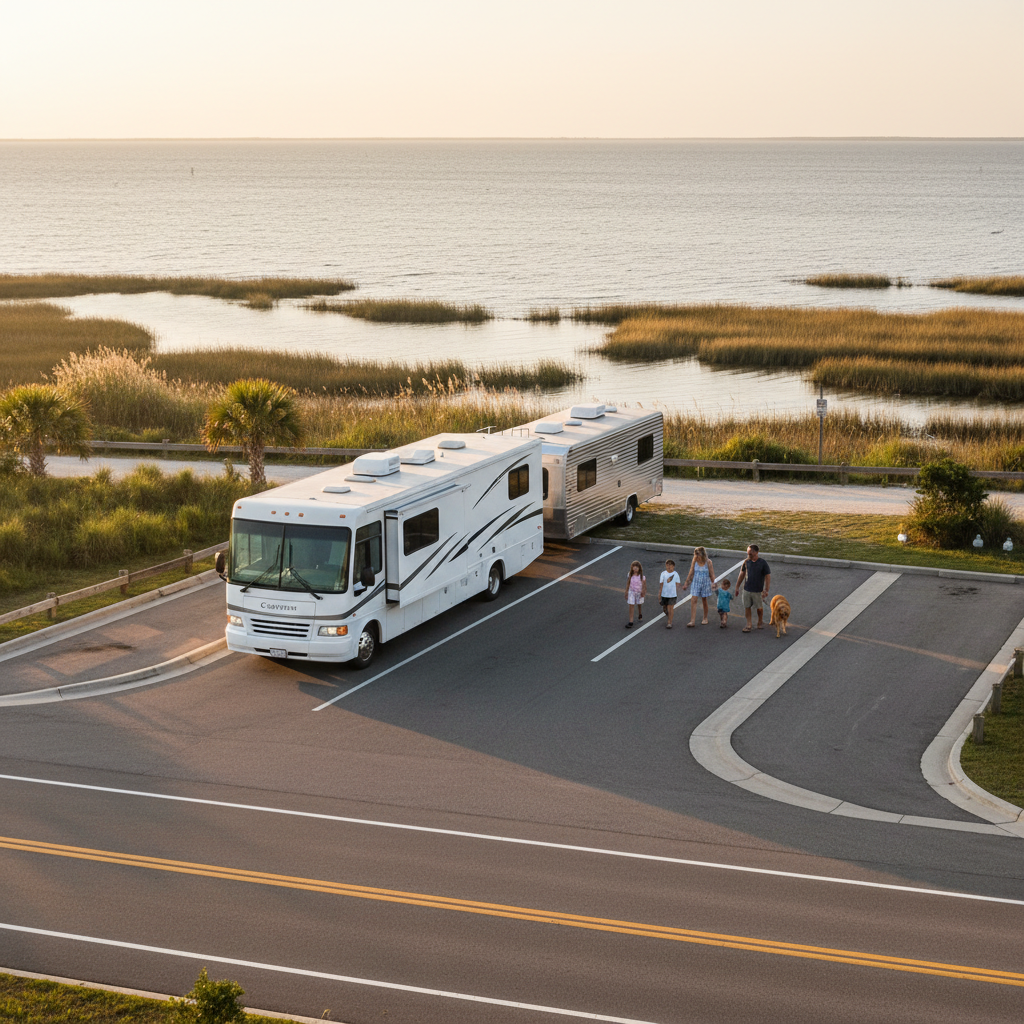 Motorhome towing a travel trailer parked in a paved bayfront pull-off at sunset as a family walks with a dog beside coastal marsh water.