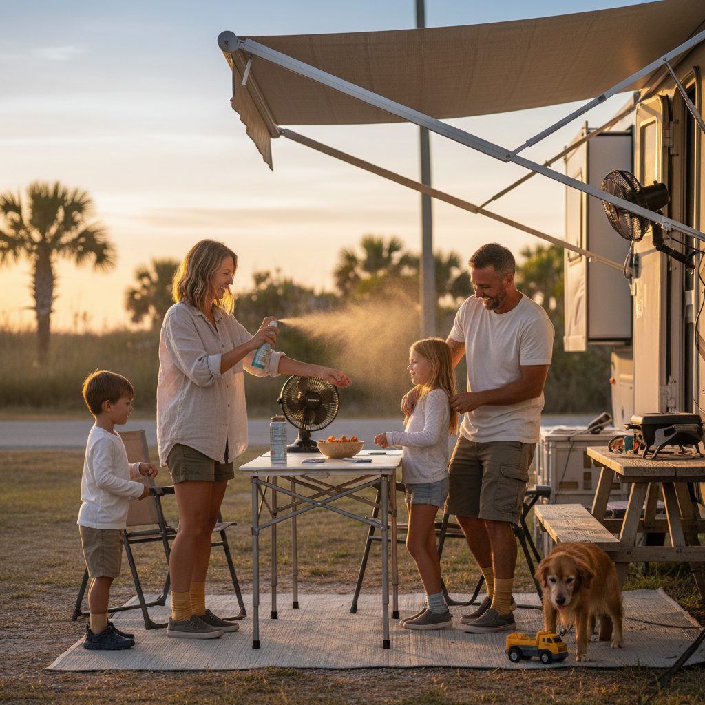 Family at an RV campsite at sunset uses bug spray and a table fan under the awning while kids and a dog gather outside to prevent mosquito and no-see-um bites.
