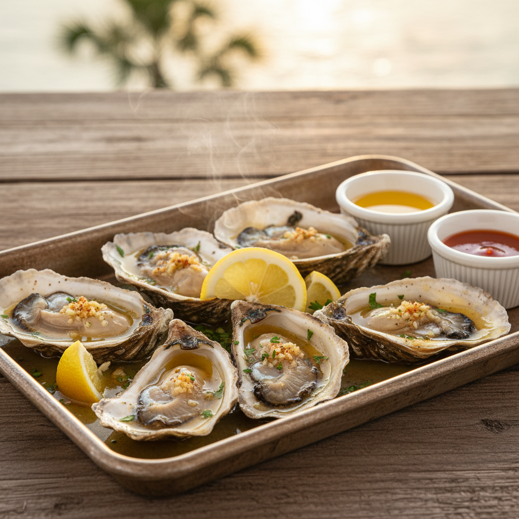 Tray of steamed oysters in the shell with garlic-butter broth, lemon wedges, herbs, and dipping sauces on a wooden table with steam rising