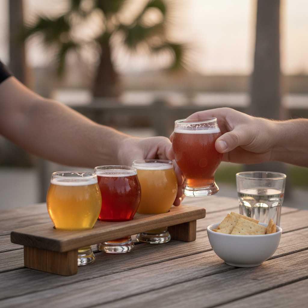 Two people clink beer samples while a wooden flight of lager, amber ale, hazy IPA, and sour sits on an outdoor table with water and crackers at sunset in Gulf Shores, Alabama.