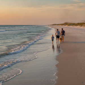 Family with a child and a dog walking along the wet sand at low tide on a Gulf Shores, Alabama beach at sunset, with gentle waves and dunes in the background.