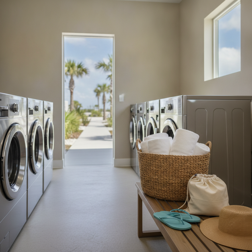 Clean RV park laundry room with rows of washers and dryers, a basket of folded white towels on a bench, and palm trees visible outside in Gulf Shores, Alabama.