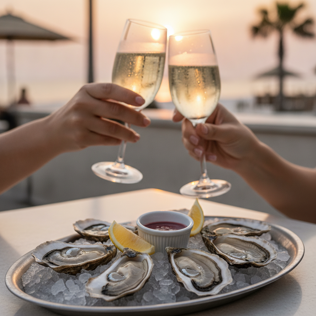 Two people clink glasses of sparkling wine over a tray of fresh oysters on ice with lemon wedges at sunset on a Gulf Shores beach patio